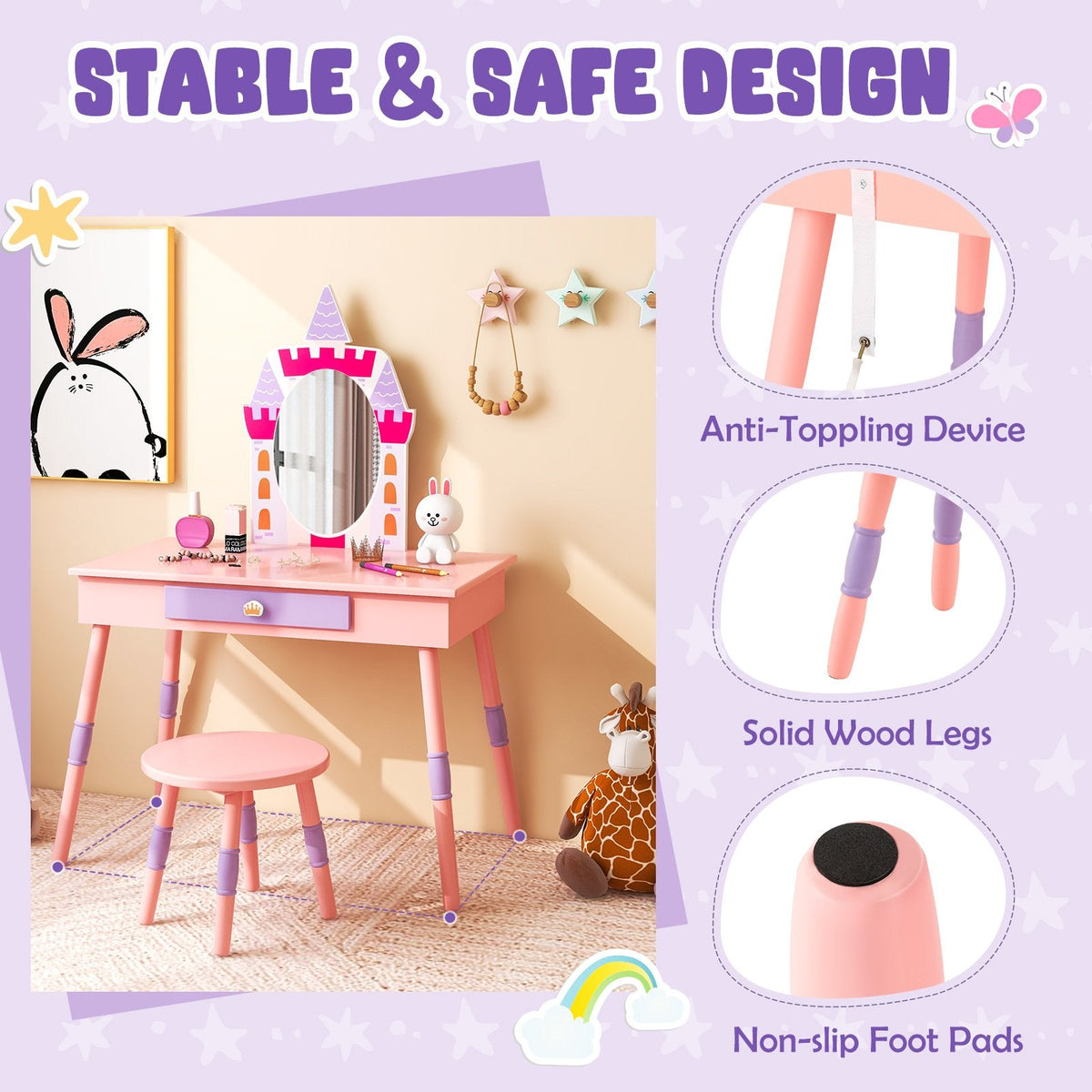 Tocador de princesa con silla para niñas con cajón y espejo - Rosa