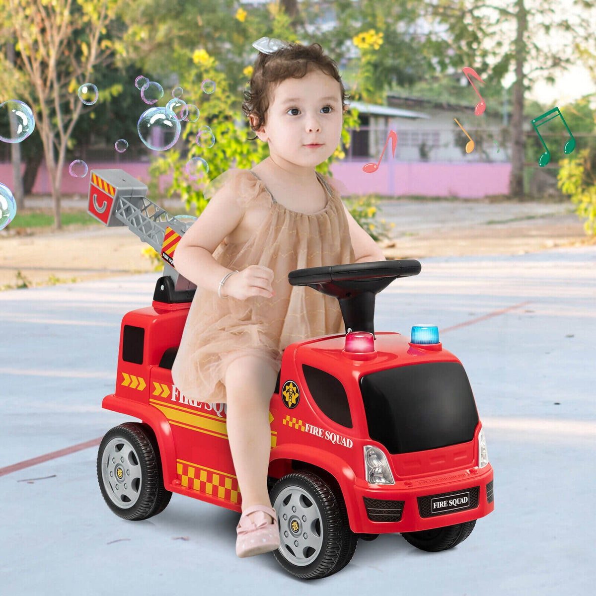 Camion de pompier porteur pour enfants avec échelle, machine à bulles et phares - Rouge