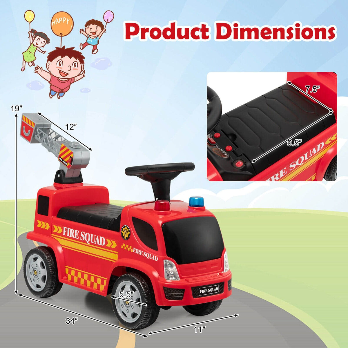 Camion de pompier porteur pour enfants avec échelle, machine à bulles et phares - Rouge