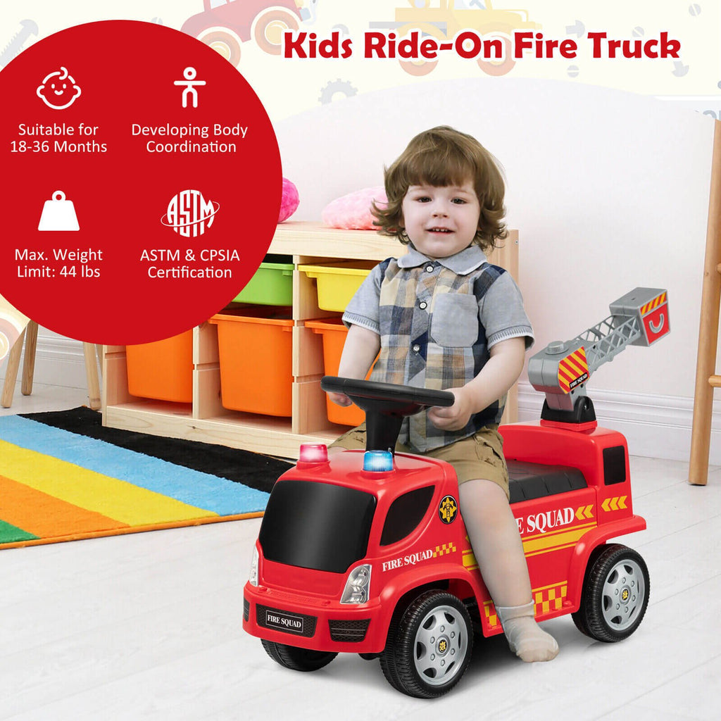Camion de pompier porteur pour enfants avec échelle, machine à bulles et phares - Rouge