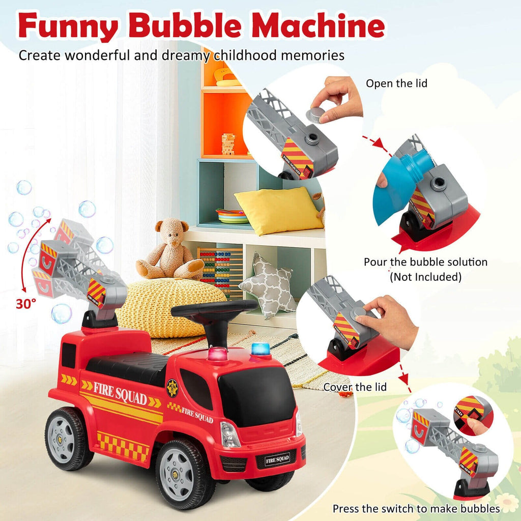 Camion de pompier porteur pour enfants avec échelle, machine à bulles et phares - Rouge