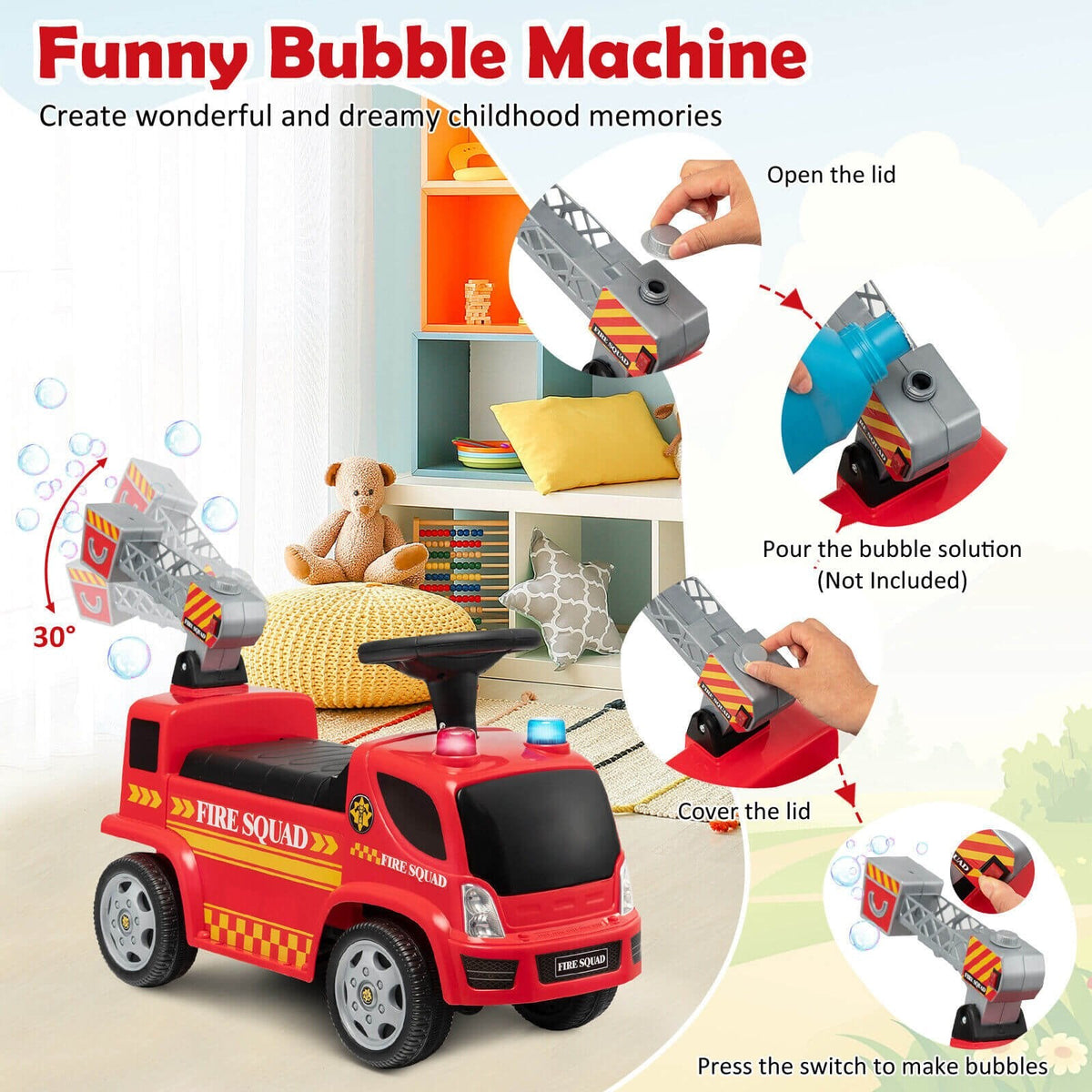 Camion de pompier porteur pour enfants avec échelle, machine à bulles et phares - Rouge