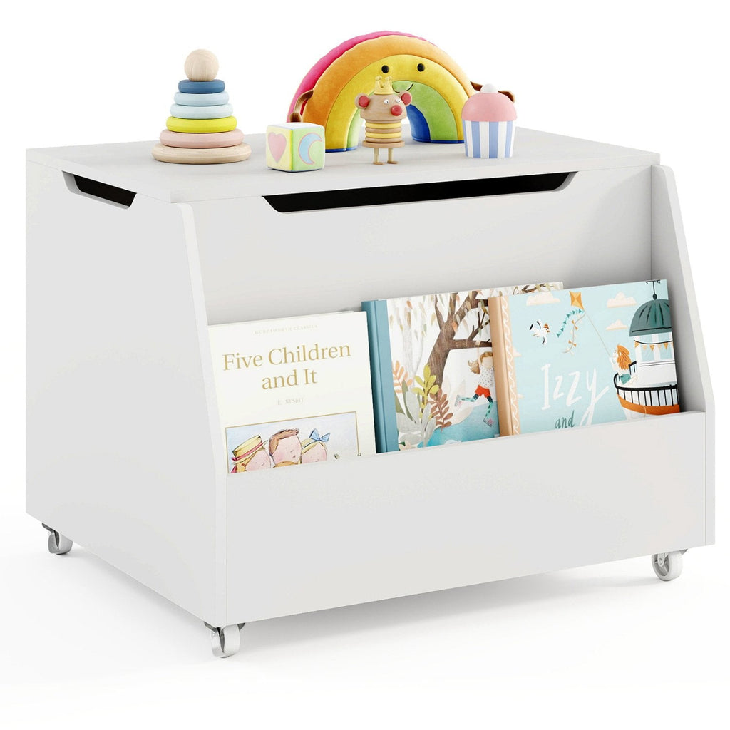 Organizador de juguetes de madera con estantería, ruedas con freno y cerradura - Blanco