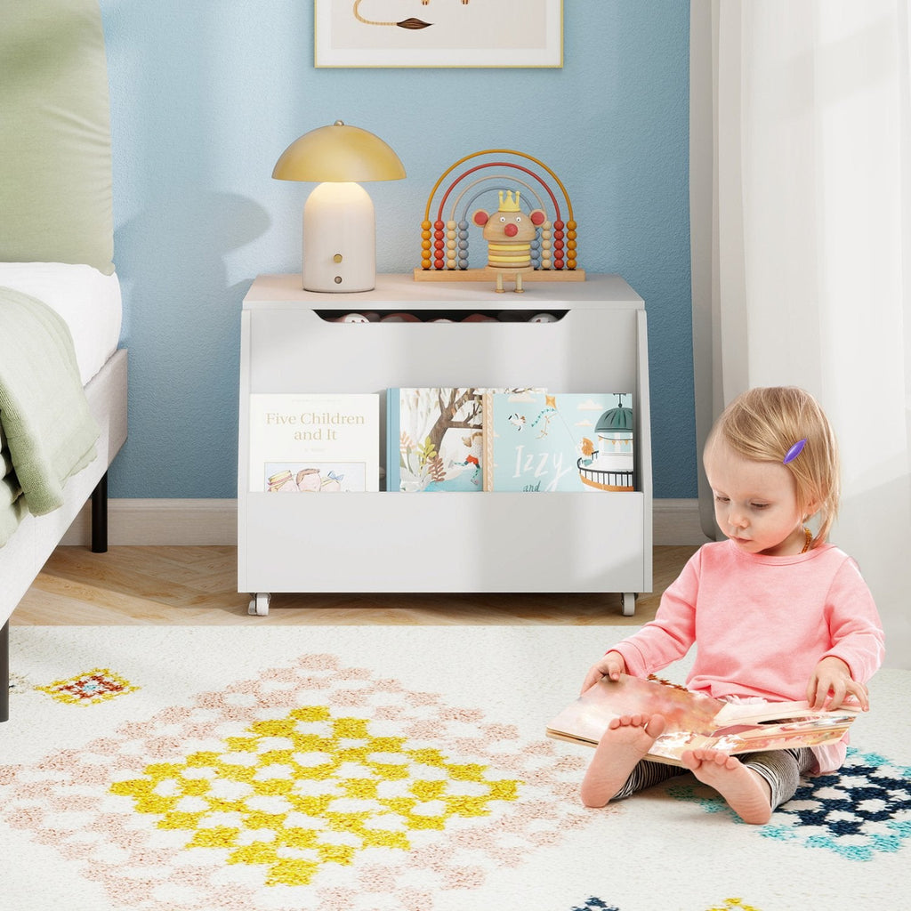 Organizador de juguetes de madera con estantería, ruedas con freno y cerradura - Blanco