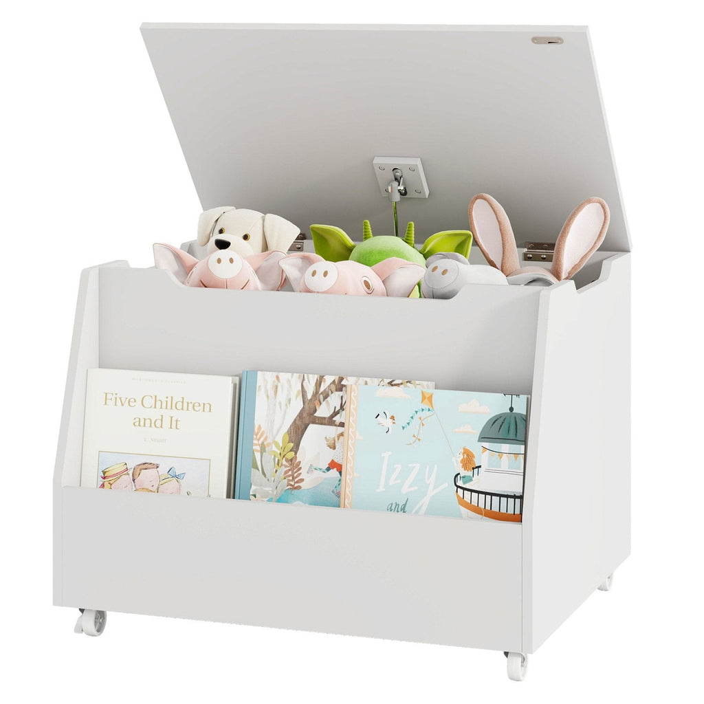 Organizador de juguetes de madera con estantería, ruedas con freno y cerradura - Blanco