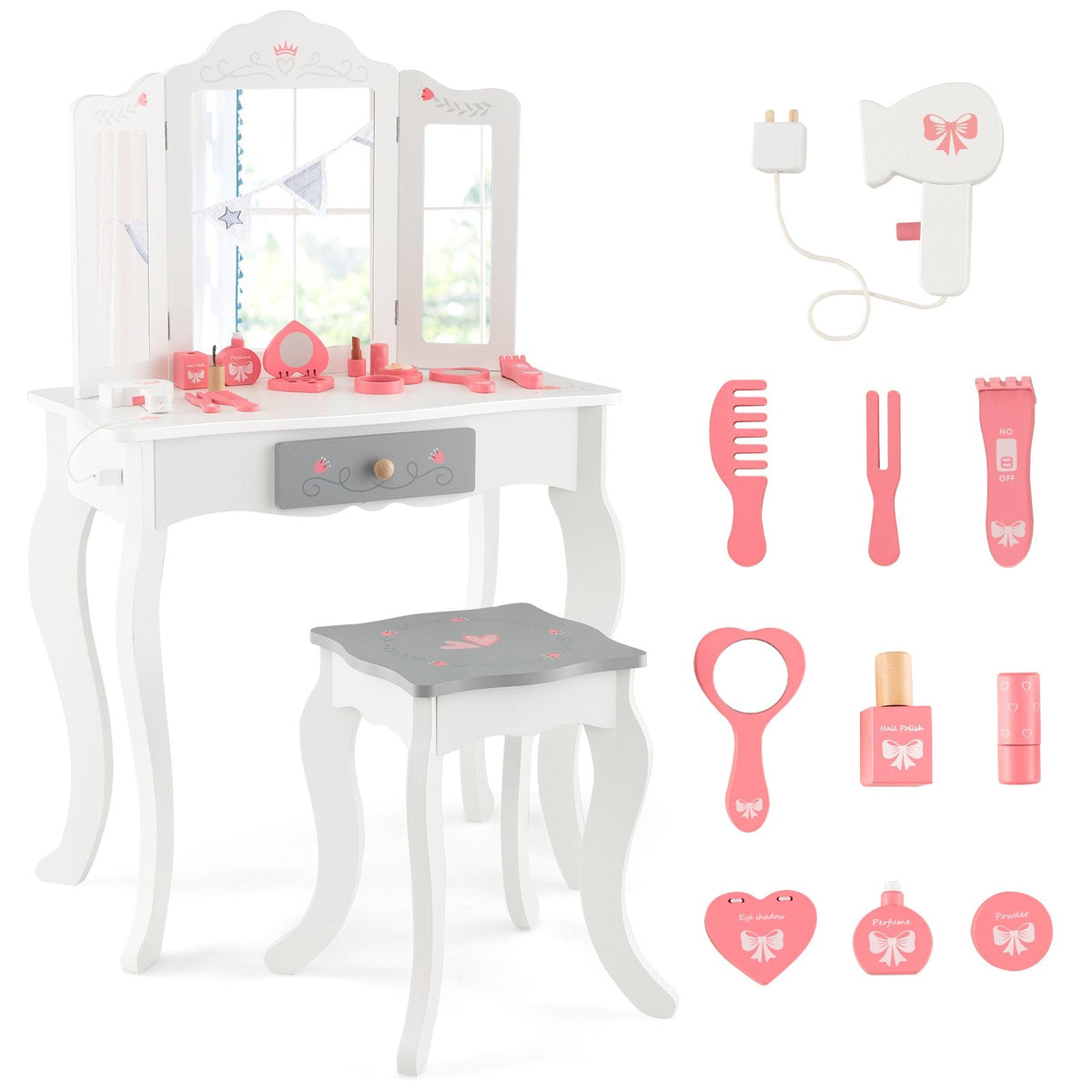 Kinderschminktisch-Set mit dreifach klappbarem Spiegel – Weiß