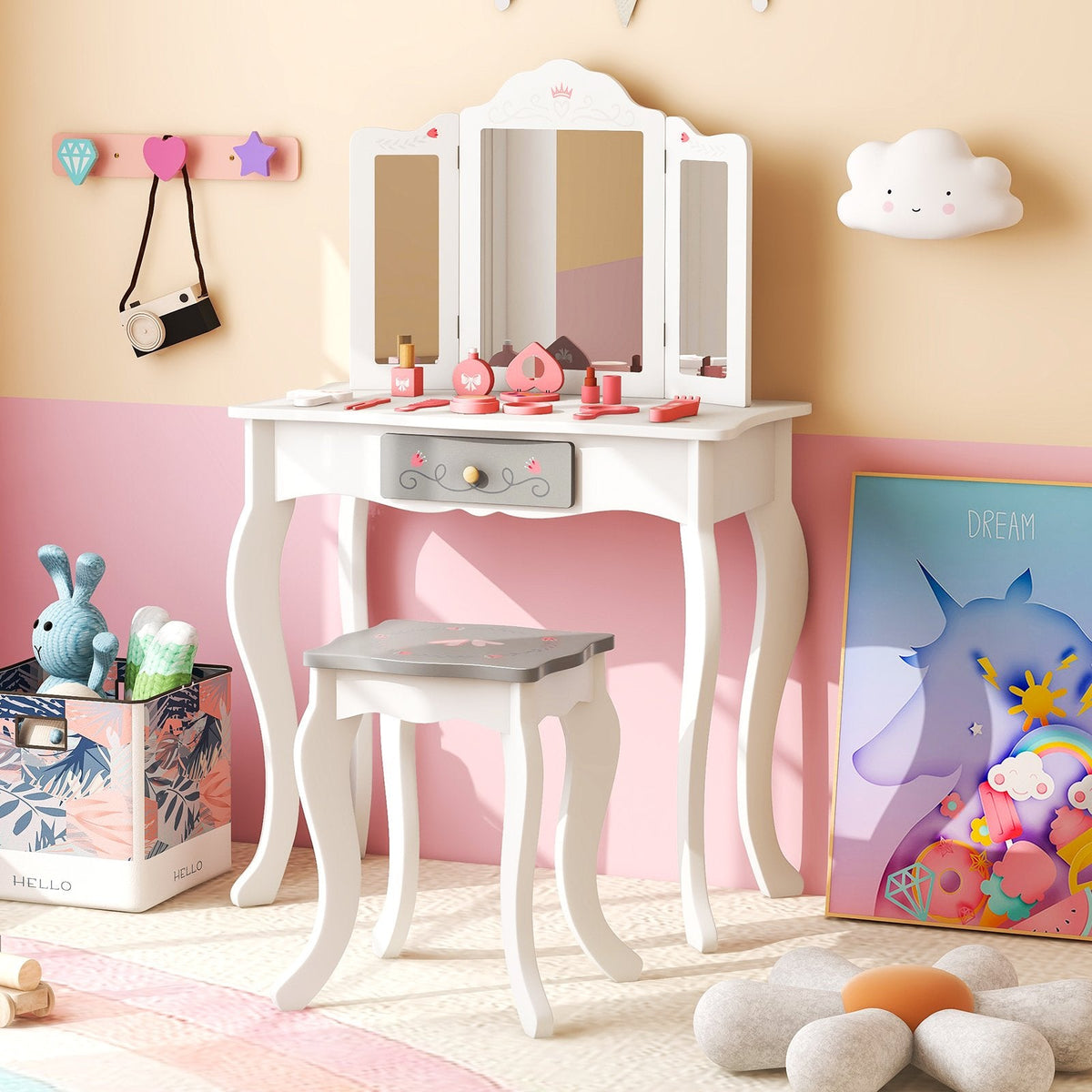 Kinderschminktisch-Set mit dreifach klappbarem Spiegel – Weiß
