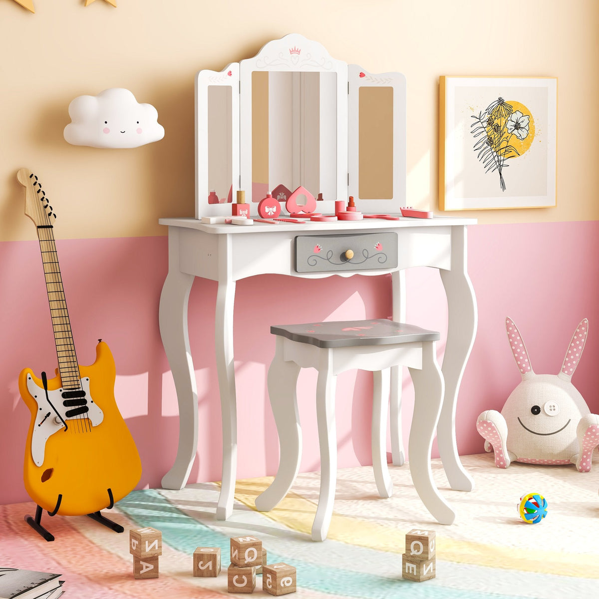 Kinderschminktisch-Set mit dreifach klappbarem Spiegel – Weiß