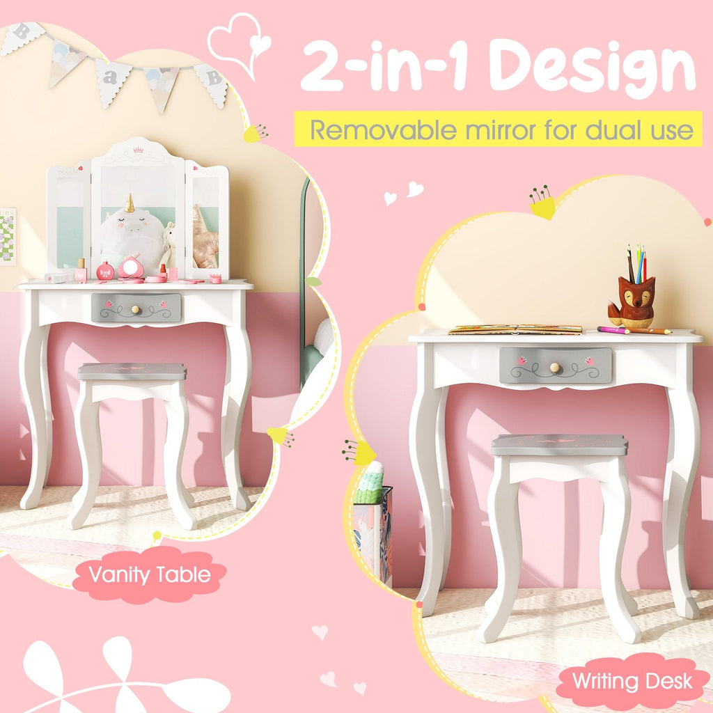 Kinderschminktisch-Set mit dreifach klappbarem Spiegel – Weiß