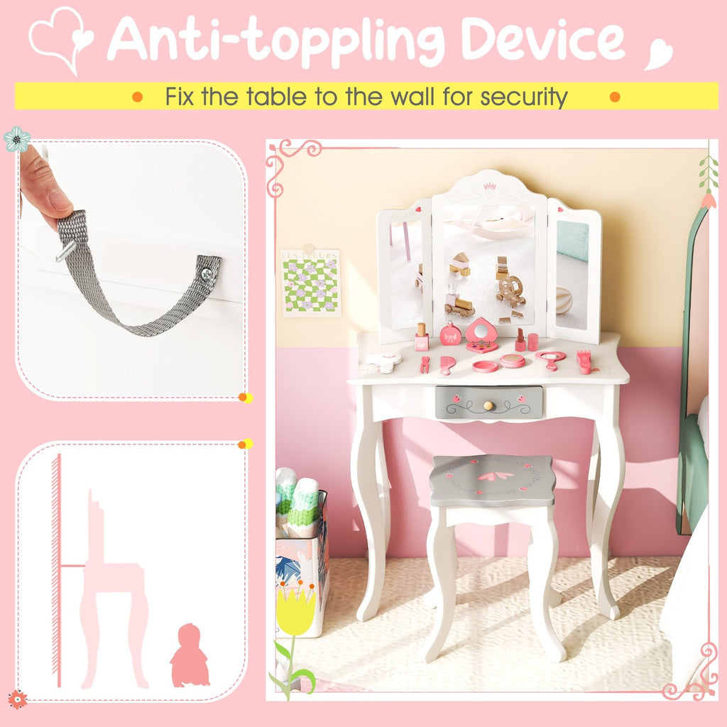 Kinderschminktisch-Set mit dreifach klappbarem Spiegel – Weiß