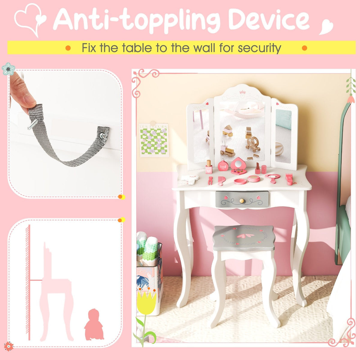 Kinderschminktisch-Set mit dreifach klappbarem Spiegel – Weiß