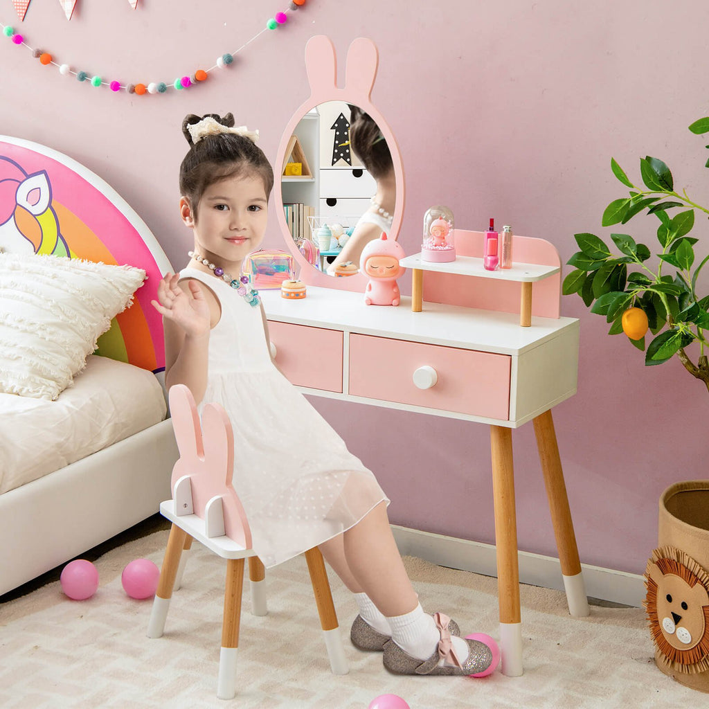Kinderschminktisch mit Stuhl, Schublade, Ablage und Hasenspiegel – Rosa