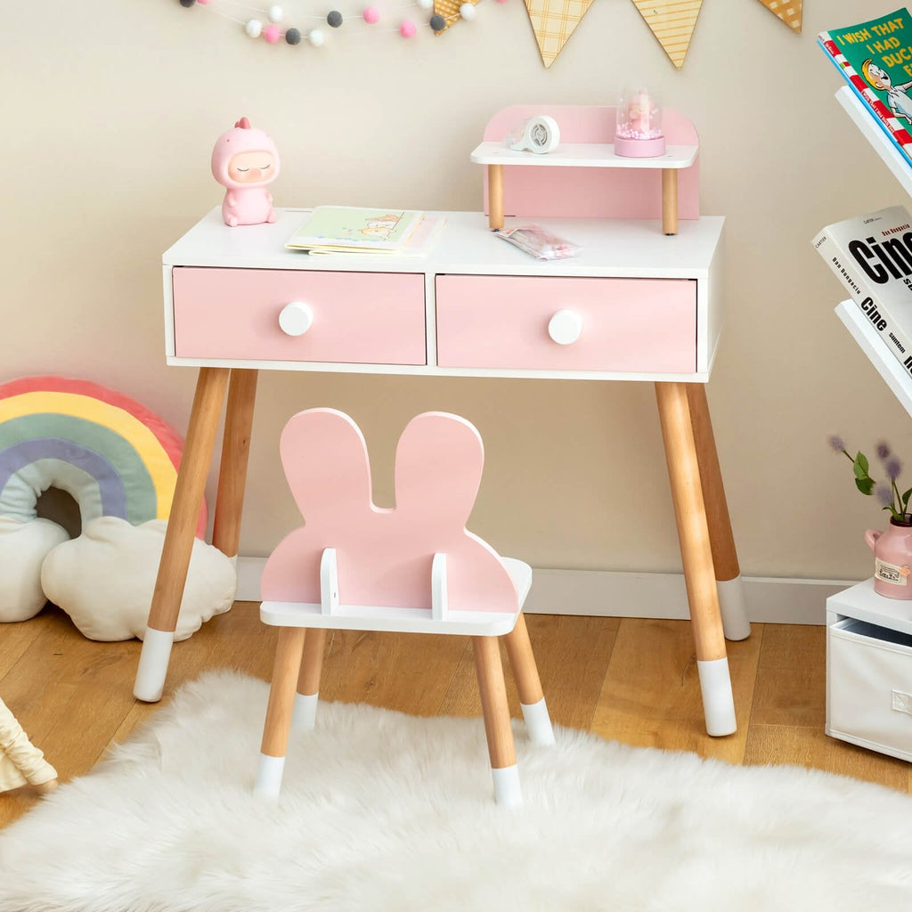 Kinderschminktisch mit Stuhl, Schublade, Ablage und Hasenspiegel – Rosa