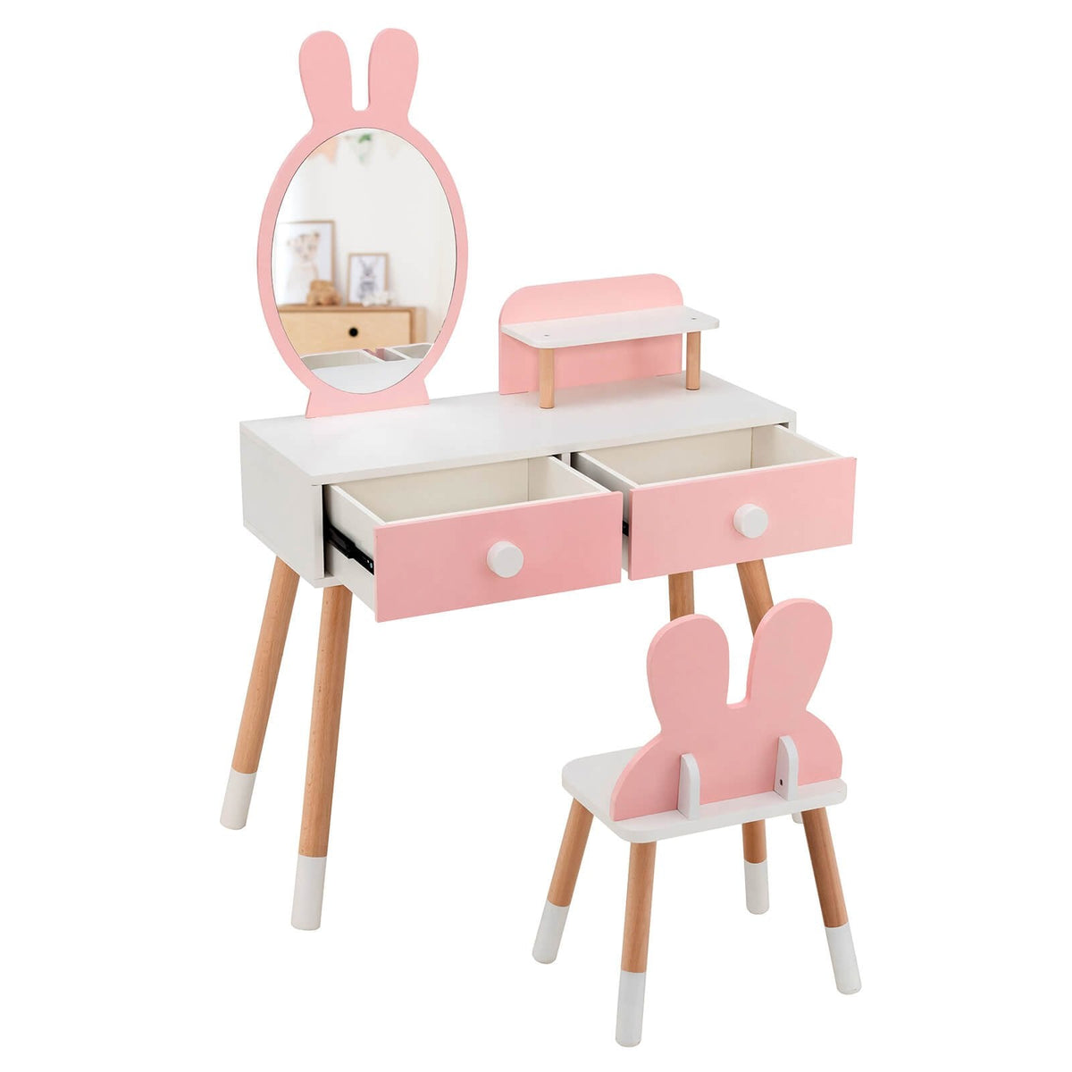 Kinderschminktisch mit Stuhl, Schublade, Ablage und Hasenspiegel – Rosa