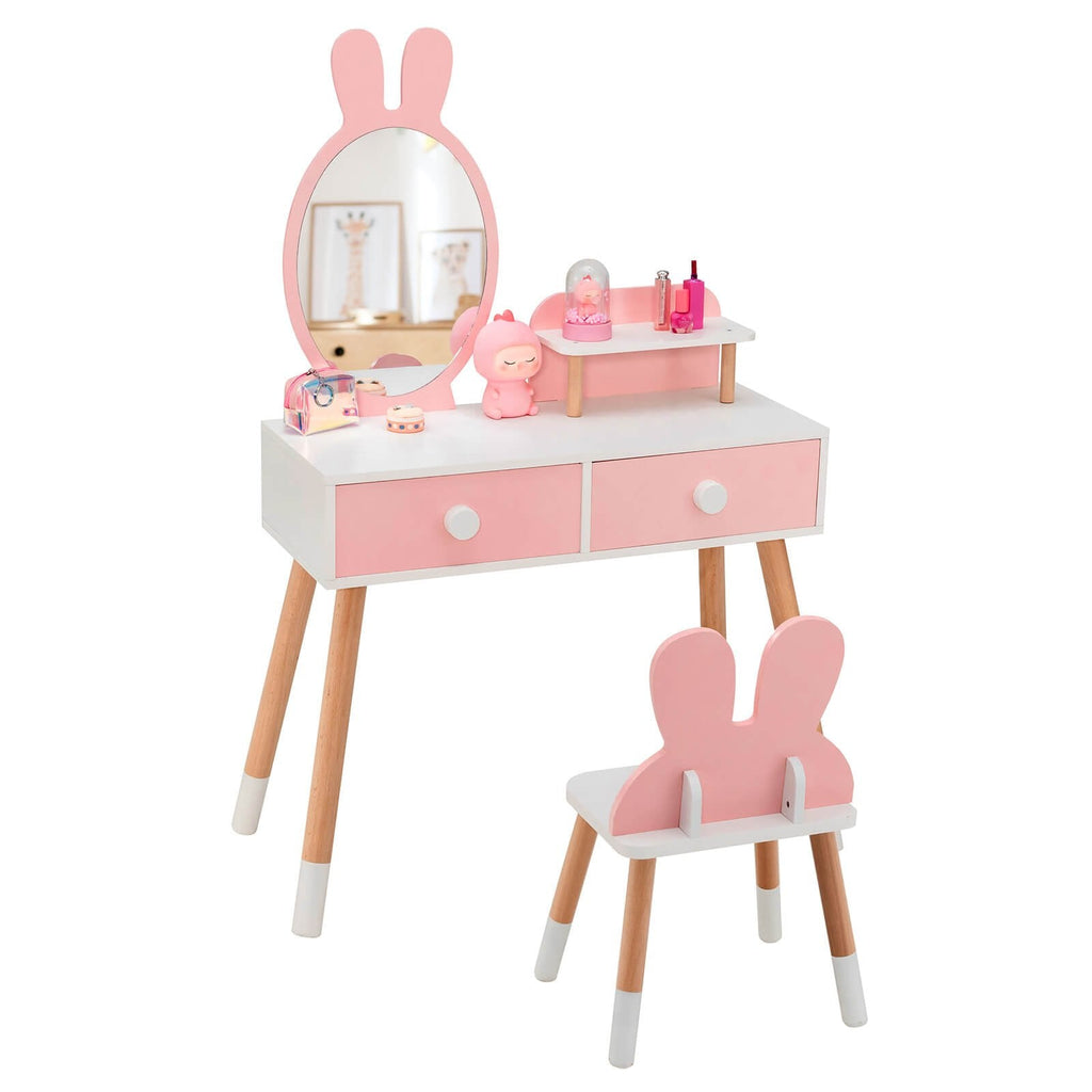 Kinderschminktisch mit Stuhl, Schublade, Ablage und Hasenspiegel – Rosa