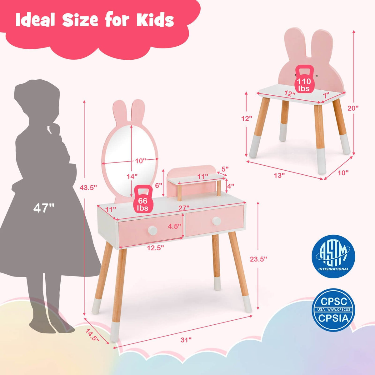 Kinderschminktisch mit Stuhl, Schublade, Ablage und Hasenspiegel – Rosa