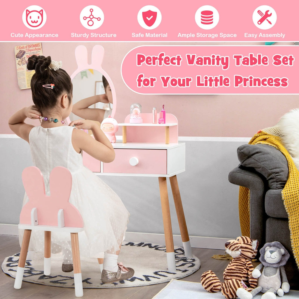 Kinderschminktisch mit Stuhl, Schublade, Ablage und Hasenspiegel – Rosa