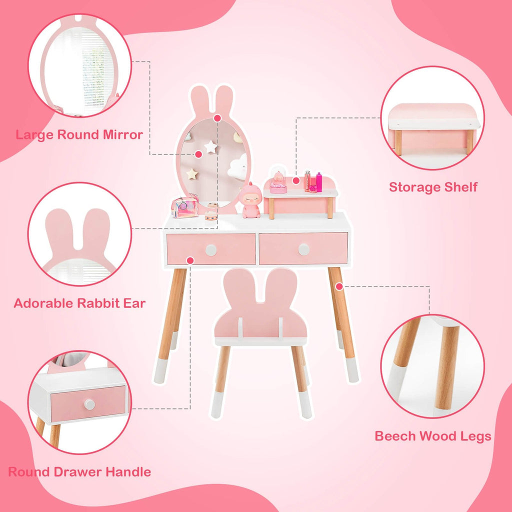 Kinderschminktisch mit Stuhl, Schublade, Ablage und Hasenspiegel – Rosa