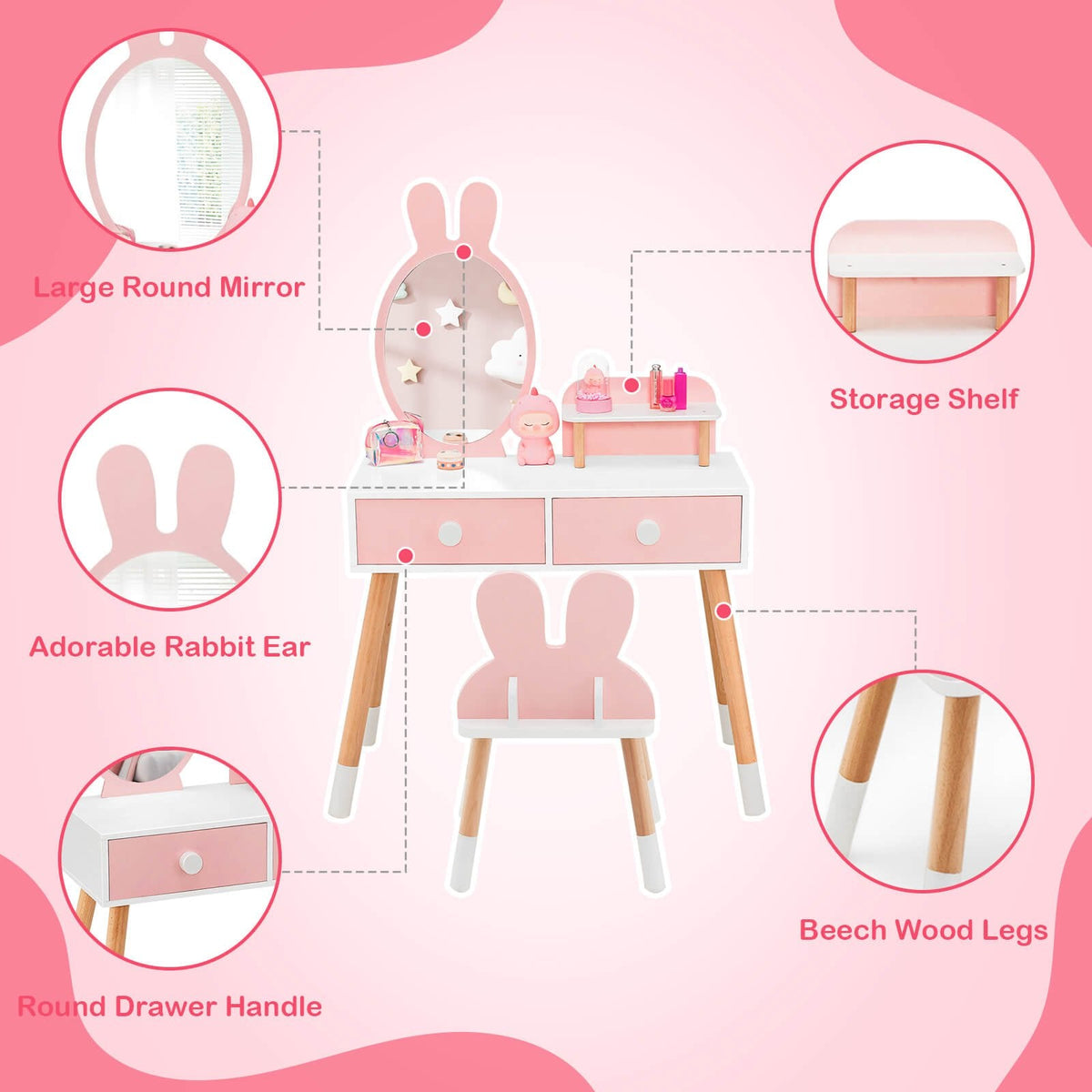 Kinderschminktisch mit Stuhl, Schublade, Ablage und Hasenspiegel – Rosa