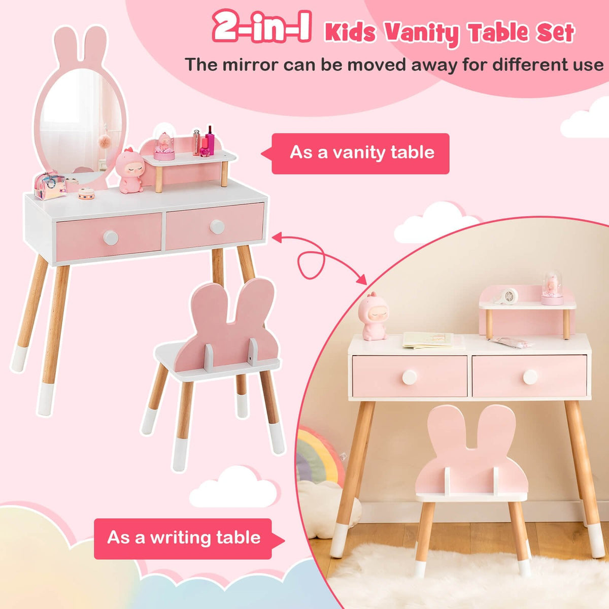 Kinderschminktisch mit Stuhl, Schublade, Ablage und Hasenspiegel – Rosa