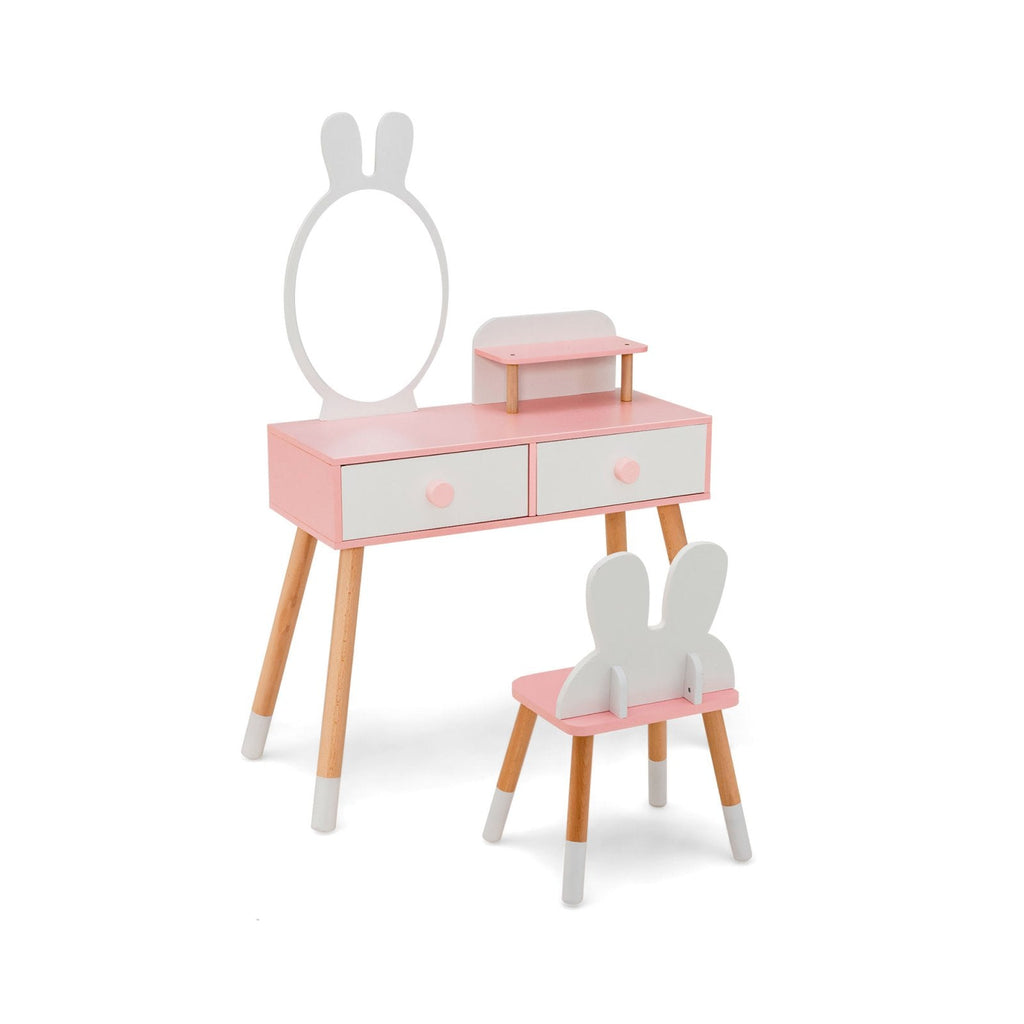 Tocador y silla para niños con cajón, estante y espejo de conejo - Blanco