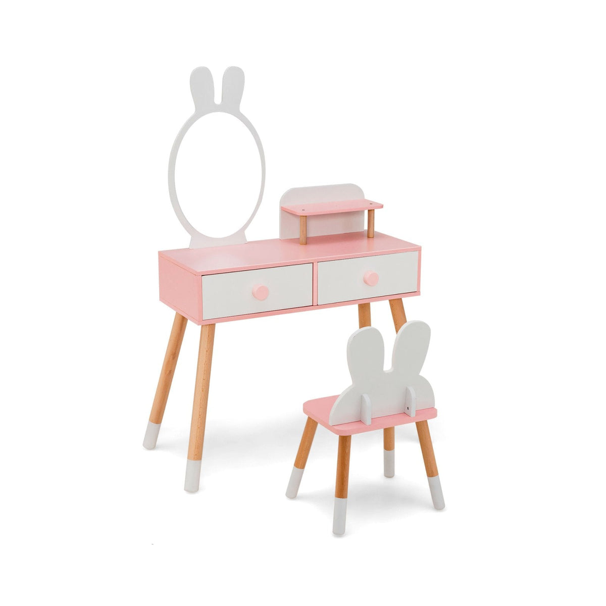 Tocador y silla para niños con cajón, estante y espejo de conejo - Blanco