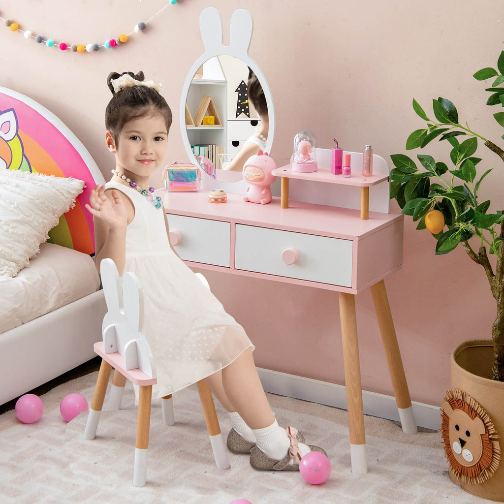 Tocador y silla para niños con cajón, estante y espejo de conejo - Blanco