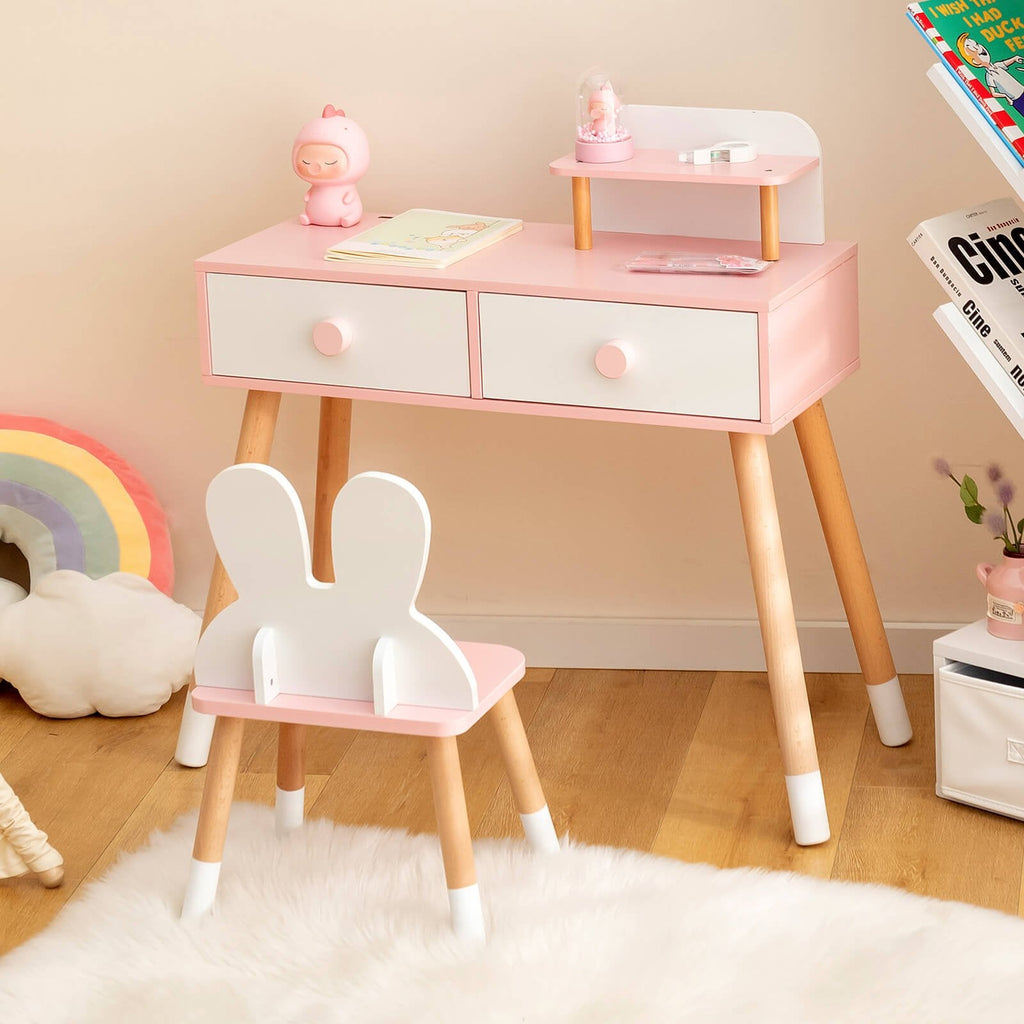 Tocador y silla para niños con cajón, estante y espejo de conejo - Blanco