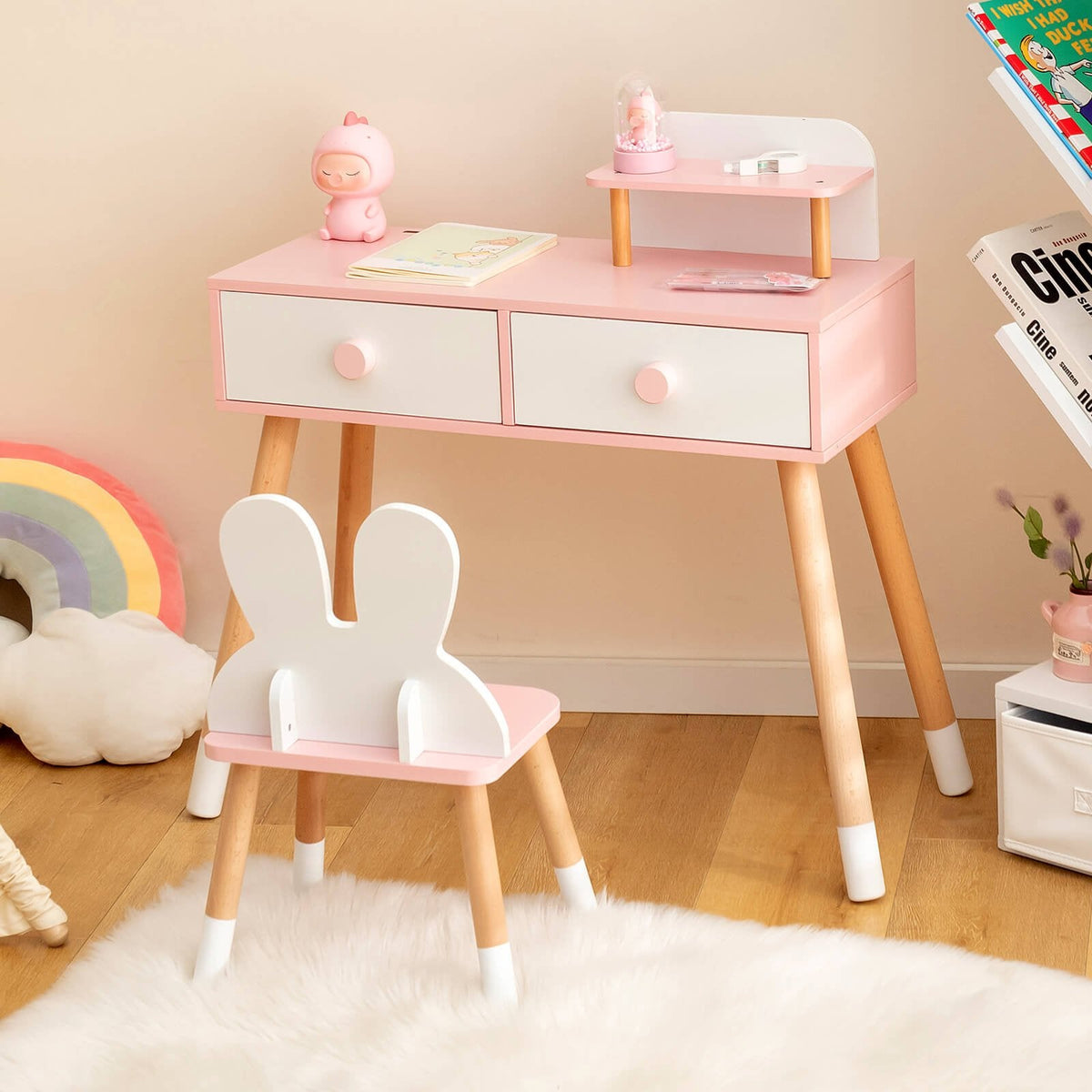 Tocador y silla para niños con cajón, estante y espejo de conejo - Blanco