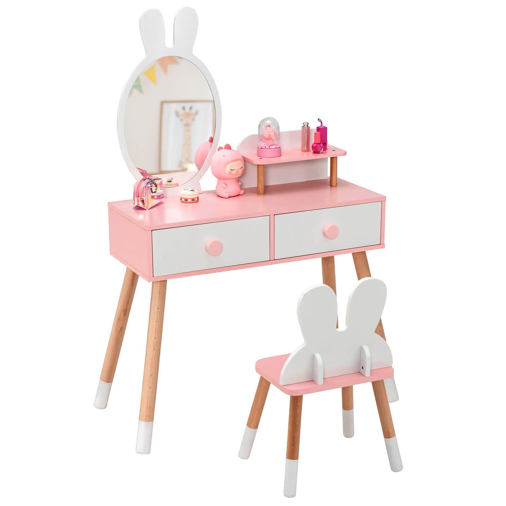 Tocador y silla para niños con cajón, estante y espejo de conejo - Blanco
