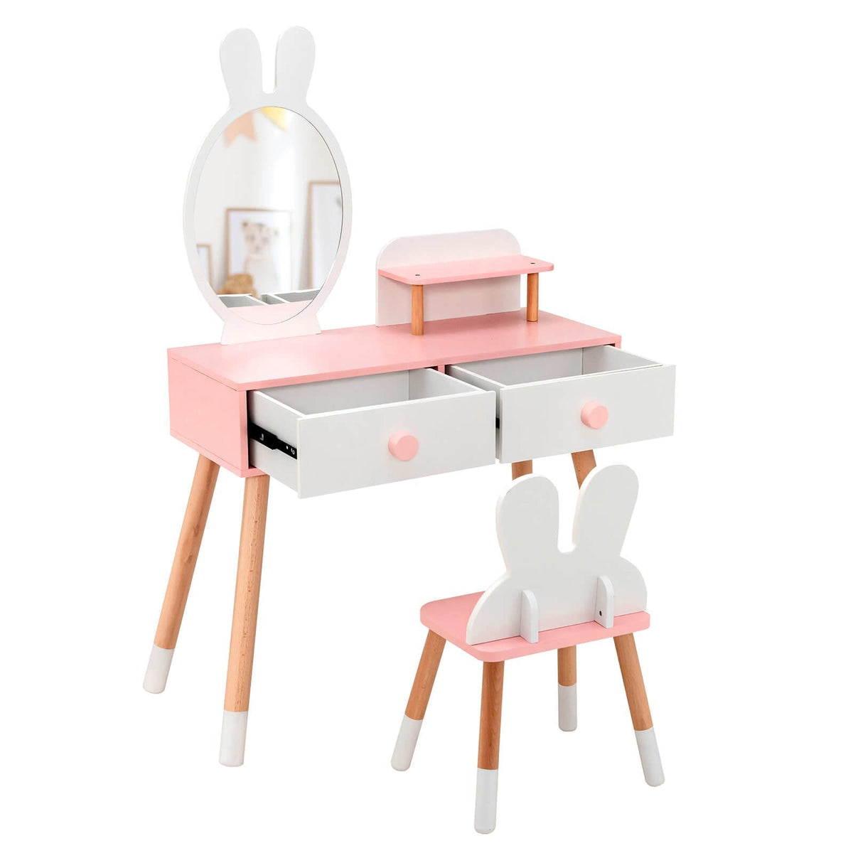 Tocador y silla para niños con cajón, estante y espejo de conejo - Blanco