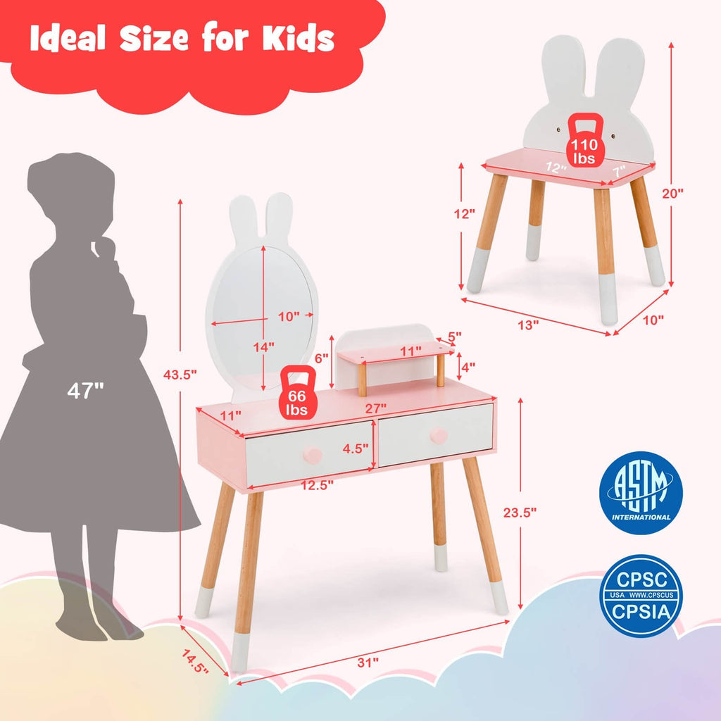 Tocador y silla para niños con cajón, estante y espejo de conejo - Blanco