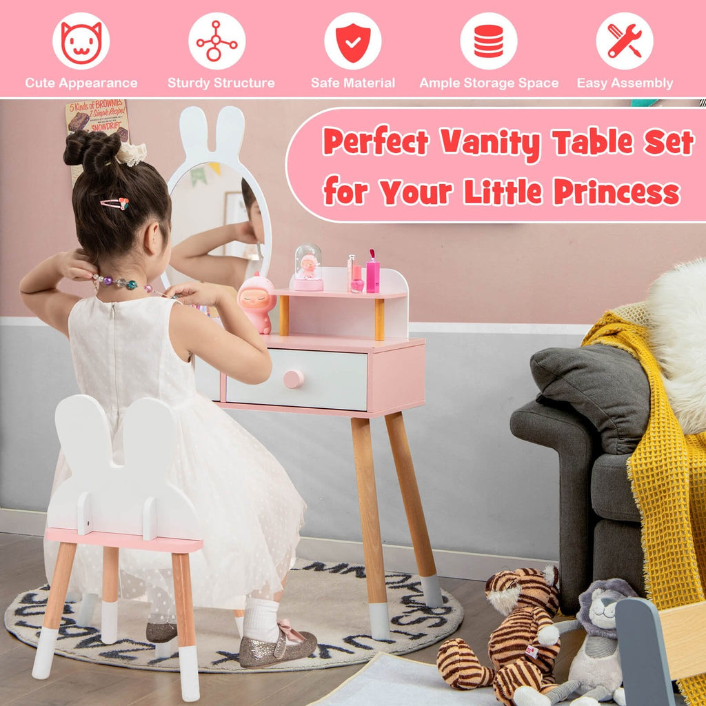 Tocador y silla para niños con cajón, estante y espejo de conejo - Blanco