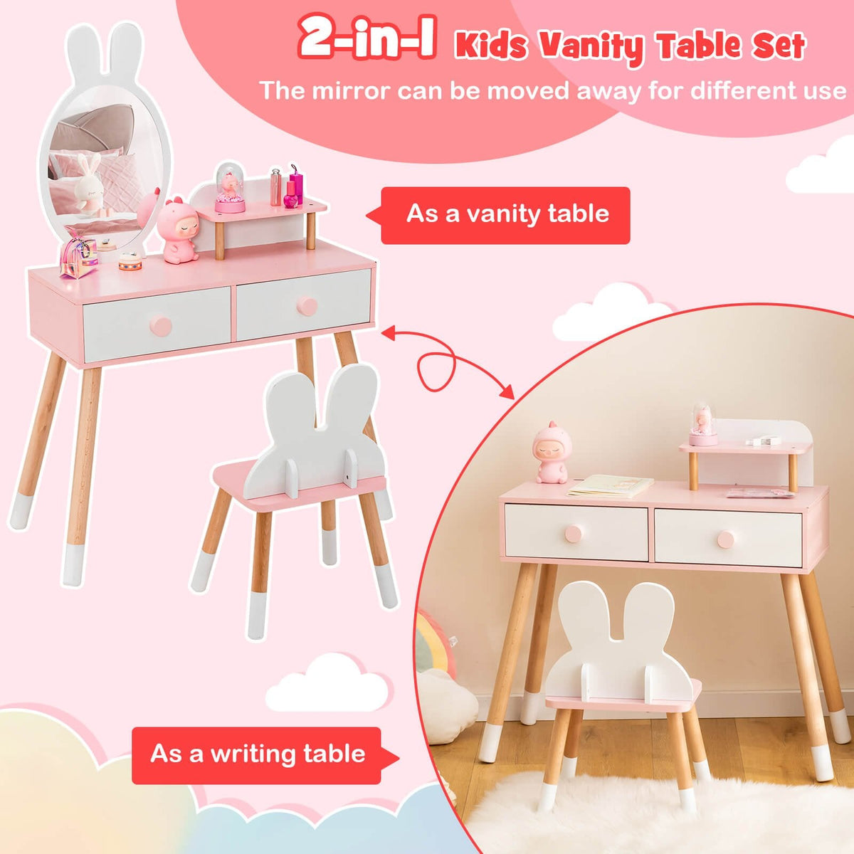 Tocador y silla para niños con cajón, estante y espejo de conejo - Blanco