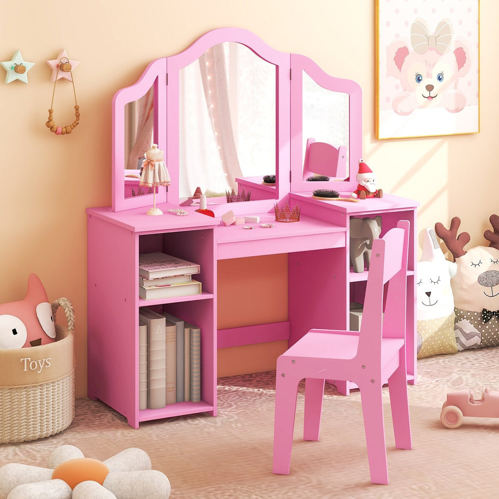 Kinder-Schminktisch- und Stuhl-Set mit abnehmbarem, dreiteiligem Spiegel – Rosa