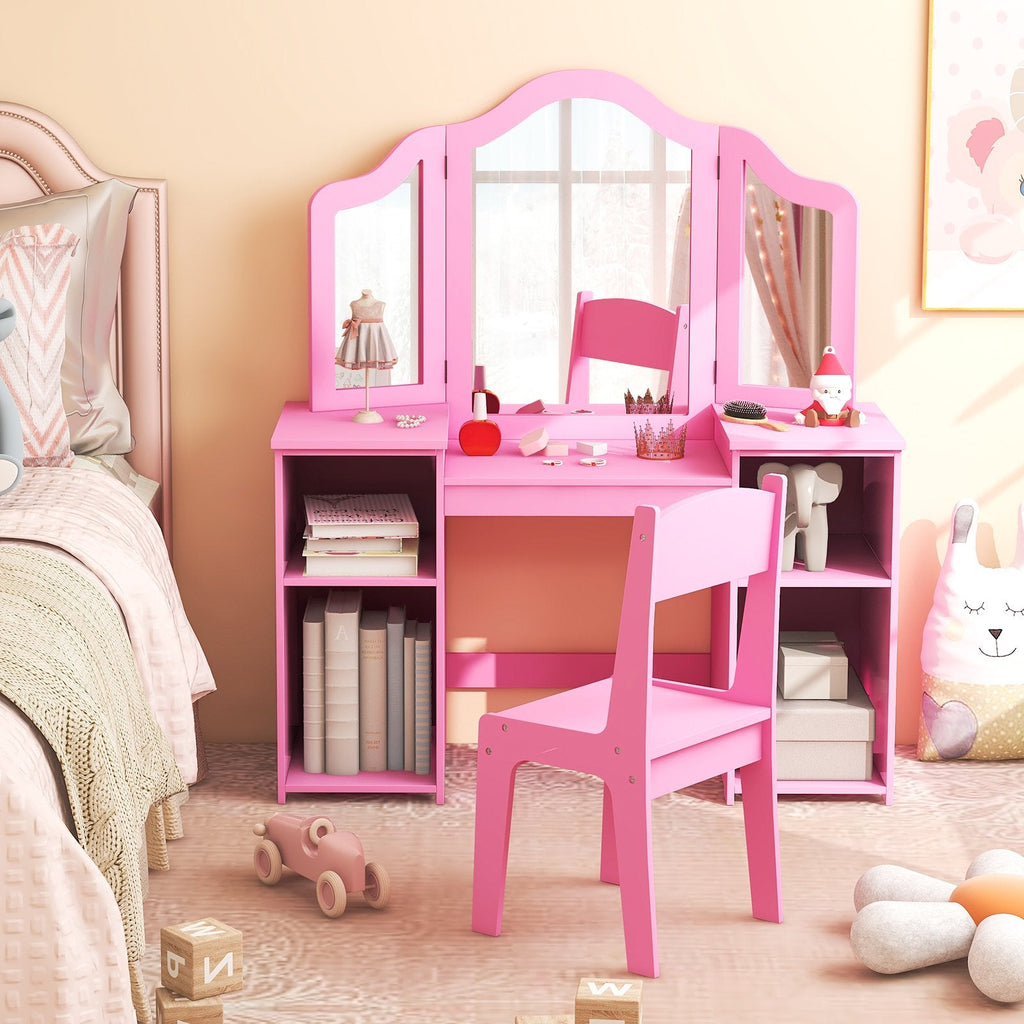 Kinder-Schminktisch- und Stuhl-Set mit abnehmbarem, dreiteiligem Spiegel – Rosa