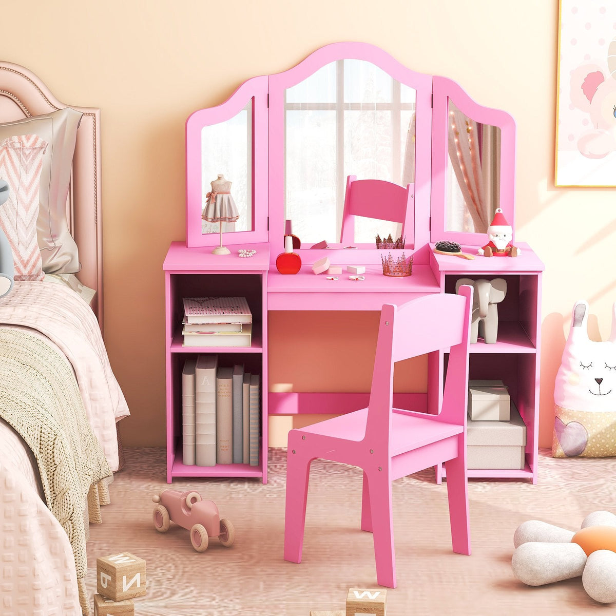 Kinder-Schminktisch- und Stuhl-Set mit abnehmbarem, dreiteiligem Spiegel – Rosa