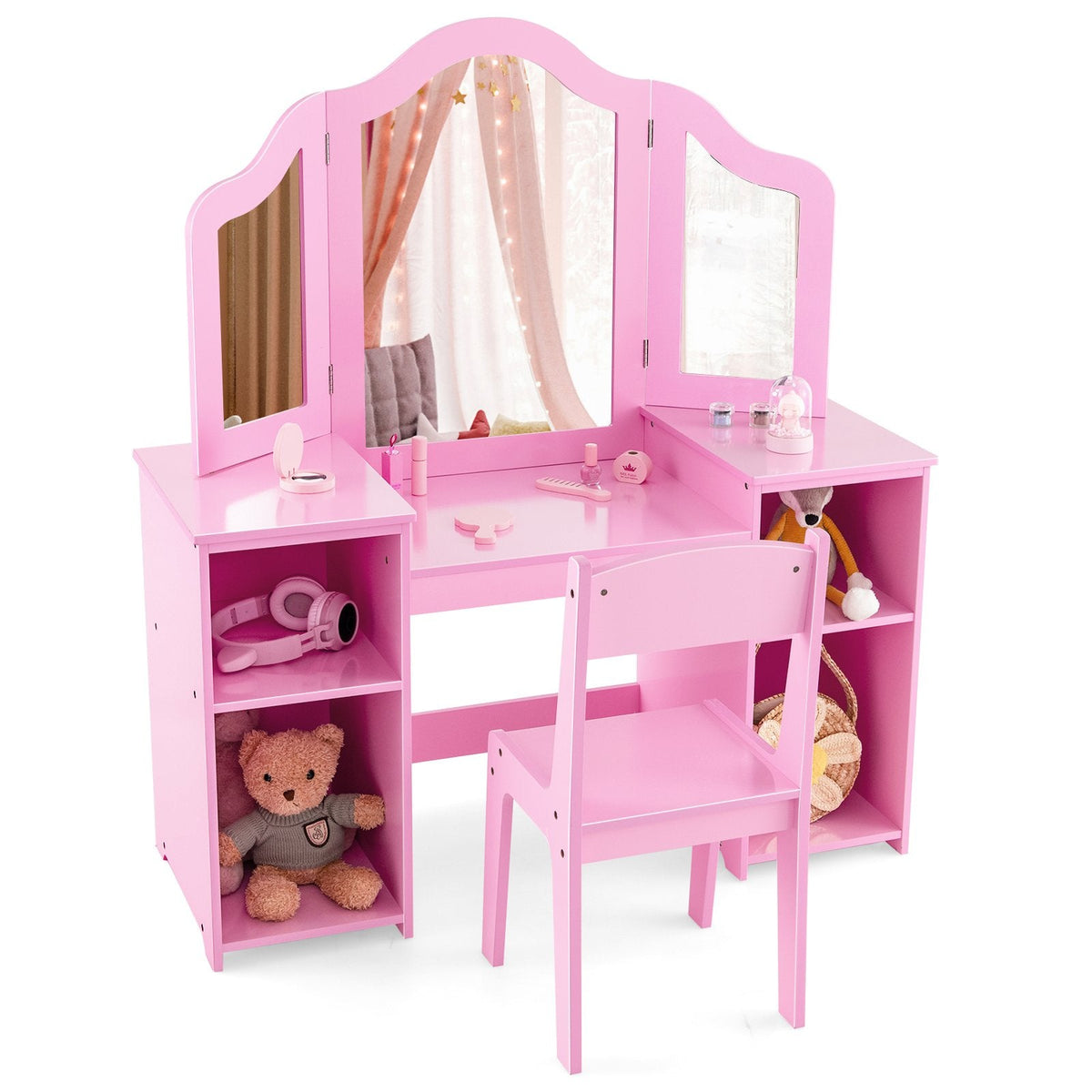 Kinder-Schminktisch- und Stuhl-Set mit abnehmbarem, dreiteiligem Spiegel – Rosa