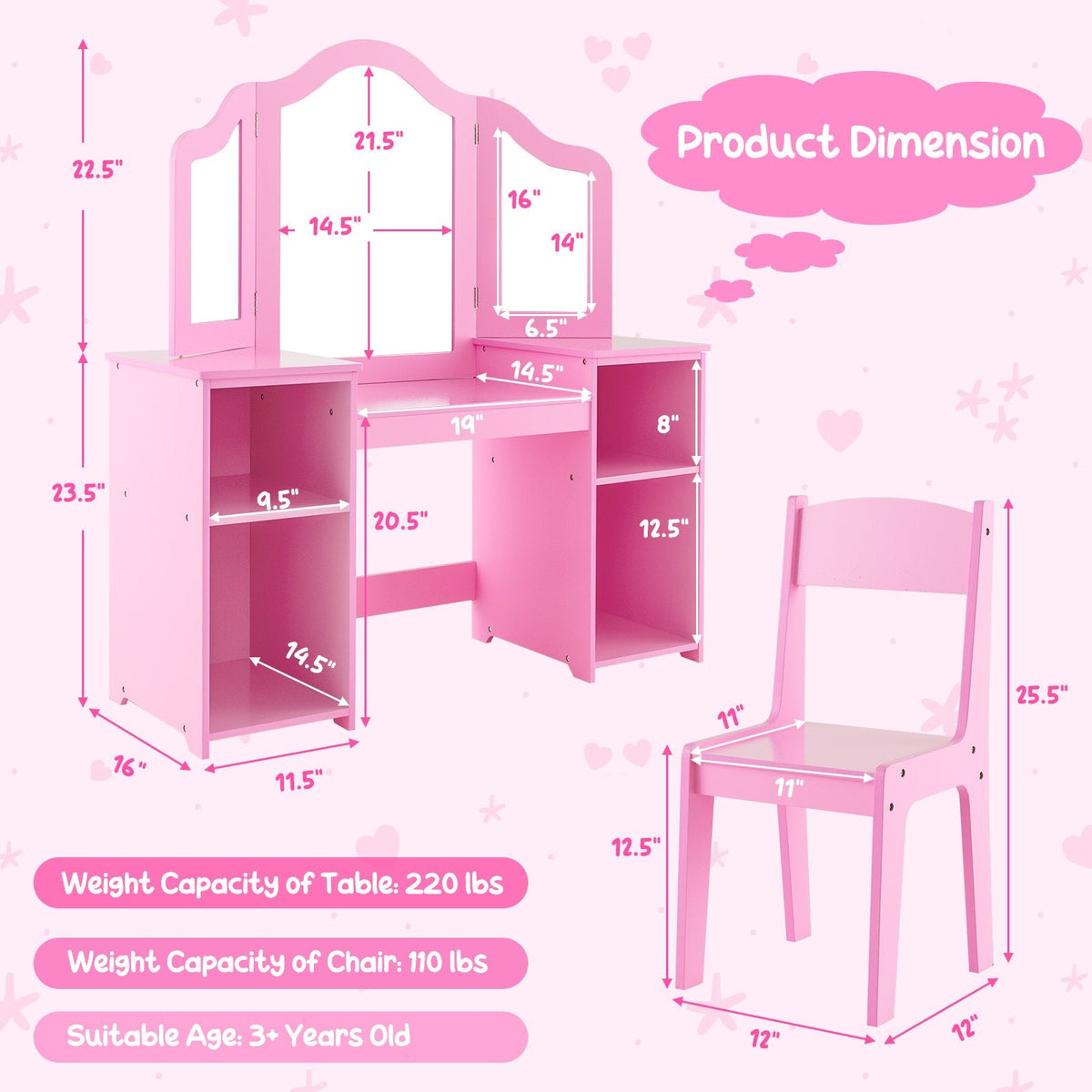 Kinder-Schminktisch- und Stuhl-Set mit abnehmbarem, dreiteiligem Spiegel – Rosa