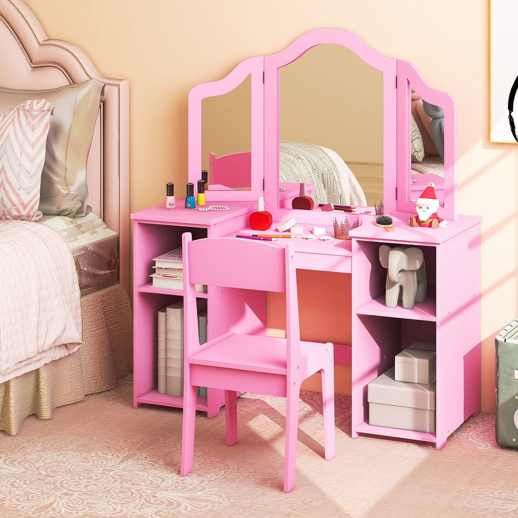 Kinder-Schminktisch- und Stuhl-Set mit abnehmbarem, dreiteiligem Spiegel – Rosa