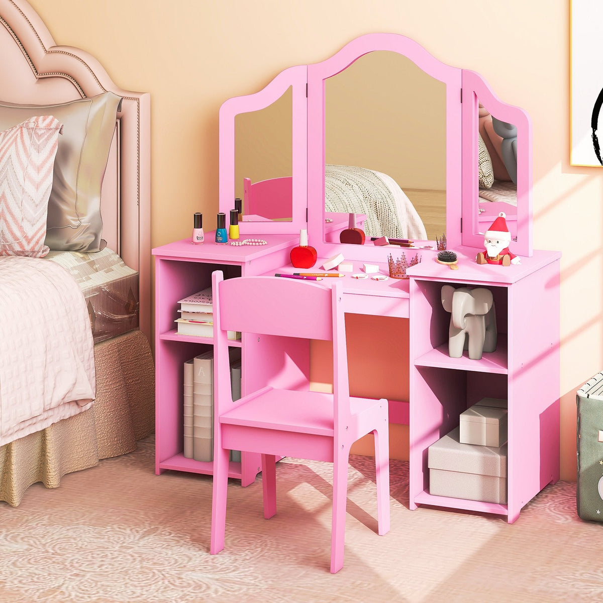 Kinder-Schminktisch- und Stuhl-Set mit abnehmbarem, dreiteiligem Spiegel – Rosa