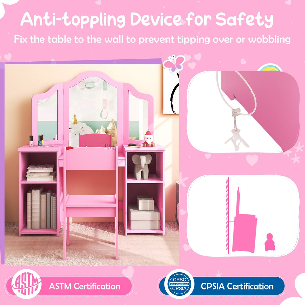Kinder-Schminktisch- und Stuhl-Set mit abnehmbarem, dreiteiligem Spiegel – Rosa