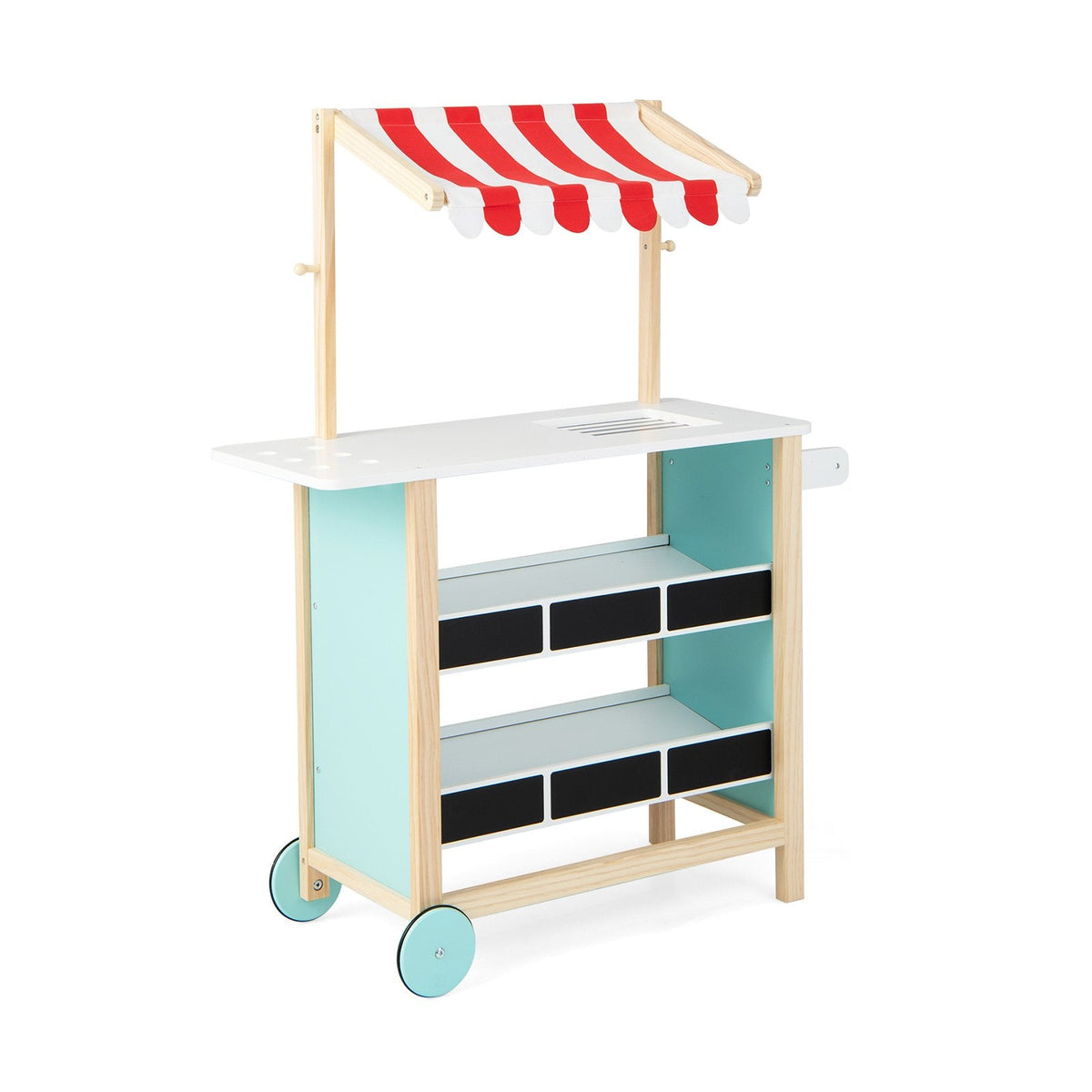 Carrito de helados de madera para niños con estantes de pizarra, báscula, timbre y ruedas