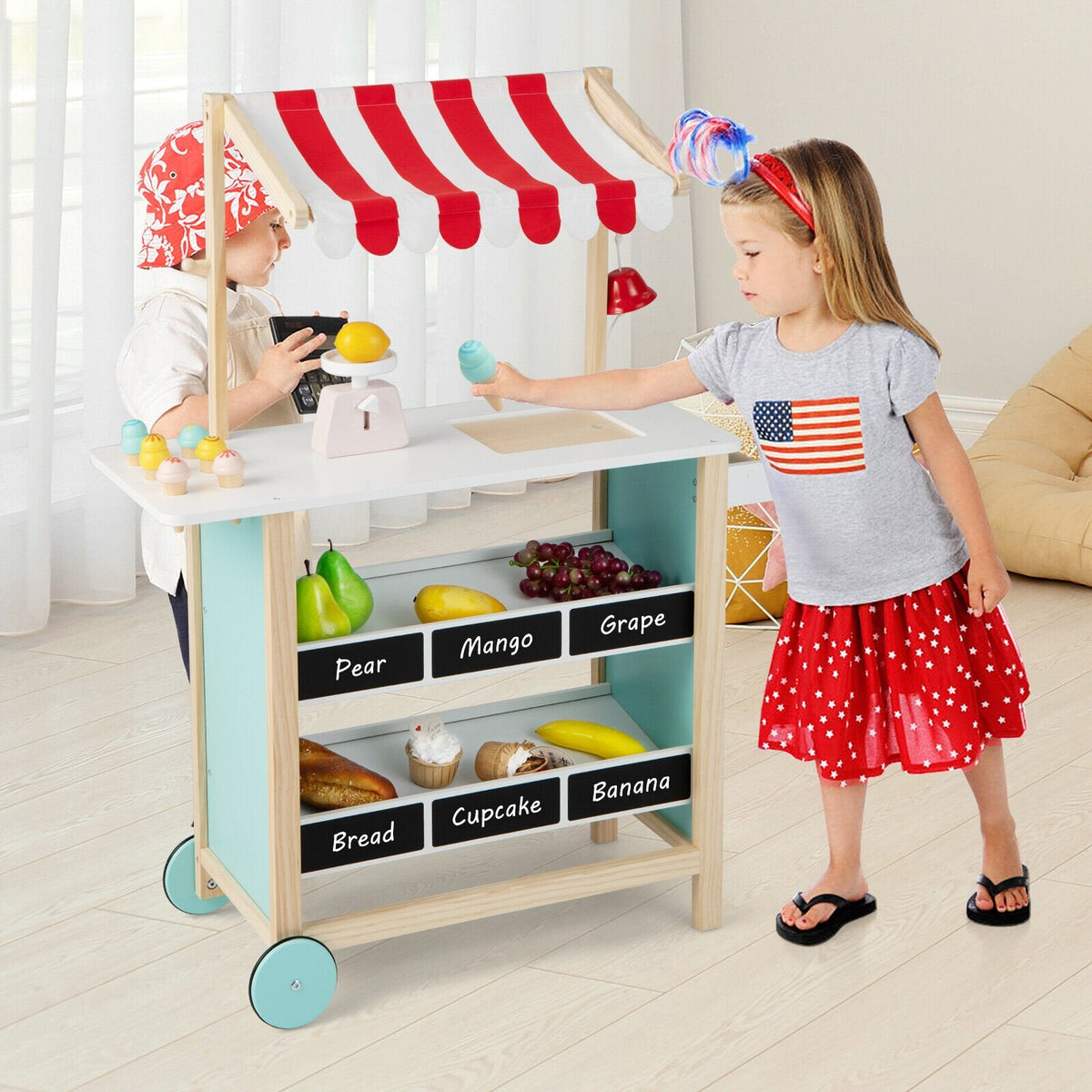 Carrito de helados de madera para niños con estantes de pizarra, báscula, timbre y ruedas