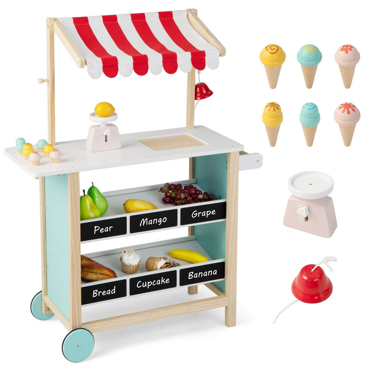 Carrito de helados de madera para niños con estantes de pizarra, báscula, timbre y ruedas