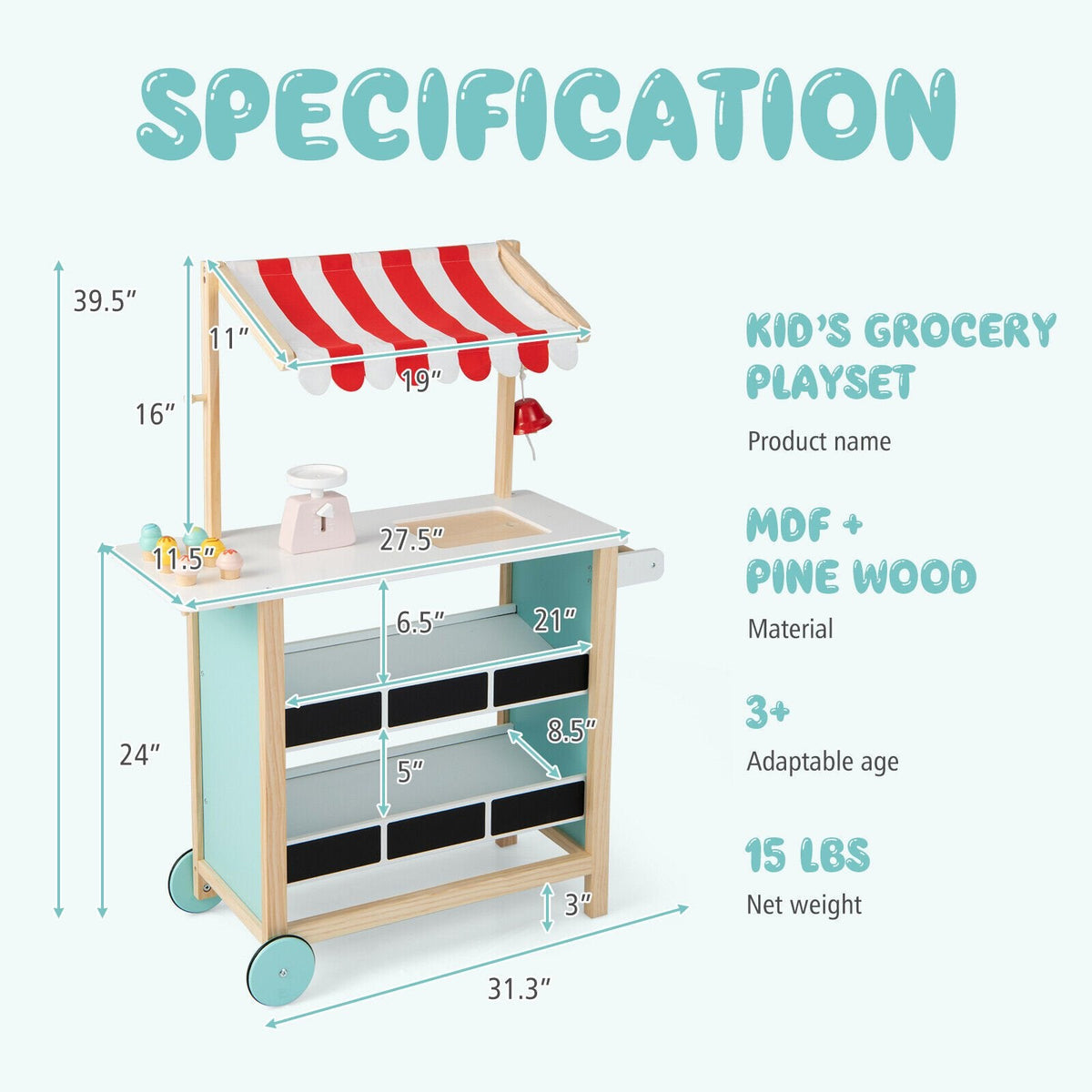 Carrito de helados de madera para niños con estantes de pizarra, báscula, timbre y ruedas