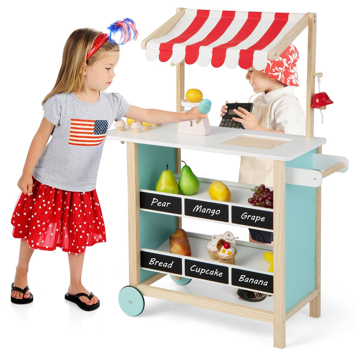 Carrito de helados de madera para niños con estantes de pizarra, báscula, timbre y ruedas