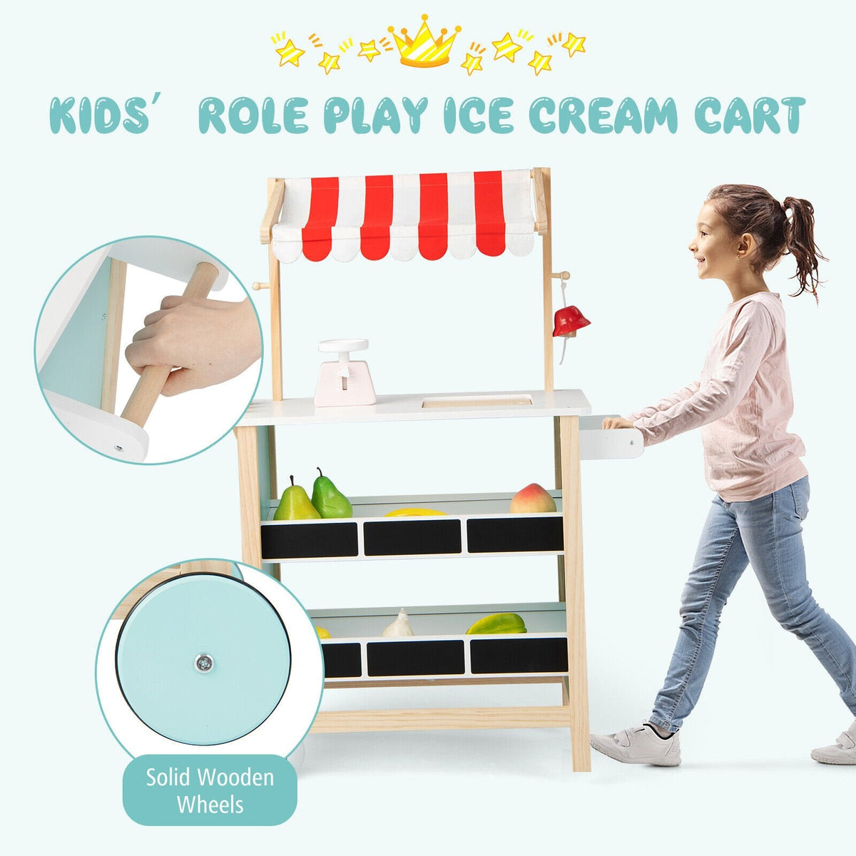 Carrito de helados de madera para niños con estantes de pizarra, báscula, timbre y ruedas