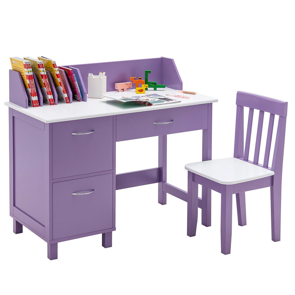 Juego de muebles infantiles de madera para escribir, con cajón y armario de almacenamiento, morado