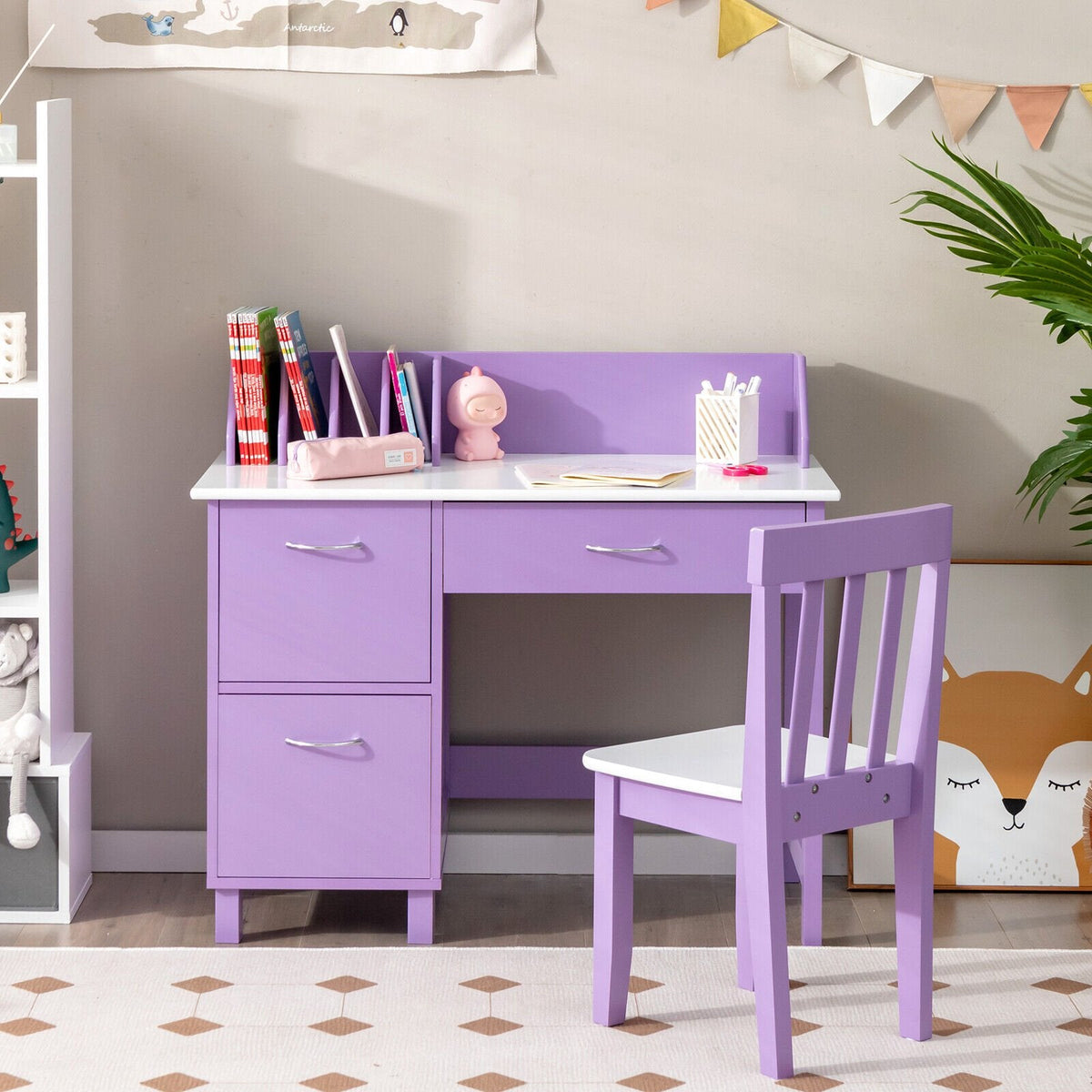 Juego de muebles infantiles de madera para escribir, con cajón y armario de almacenamiento, morado